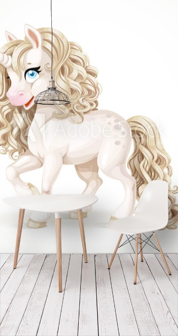 Bild på Cute fabulous white unicorn with golden mane isolated on a white